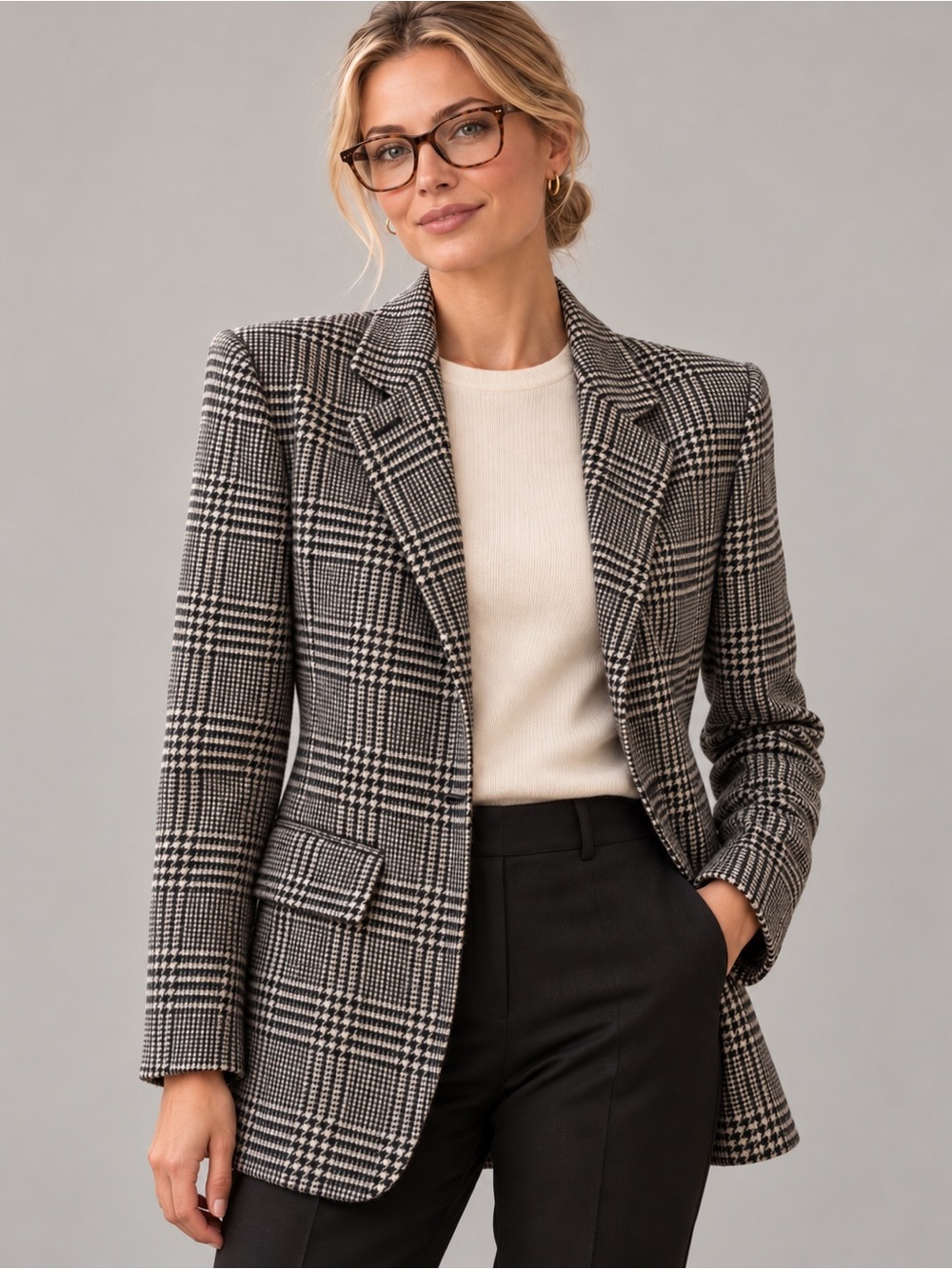 Lauren Ralph Lauren Black and White Glen Plaid Blazer | 100% Wool | Size 8